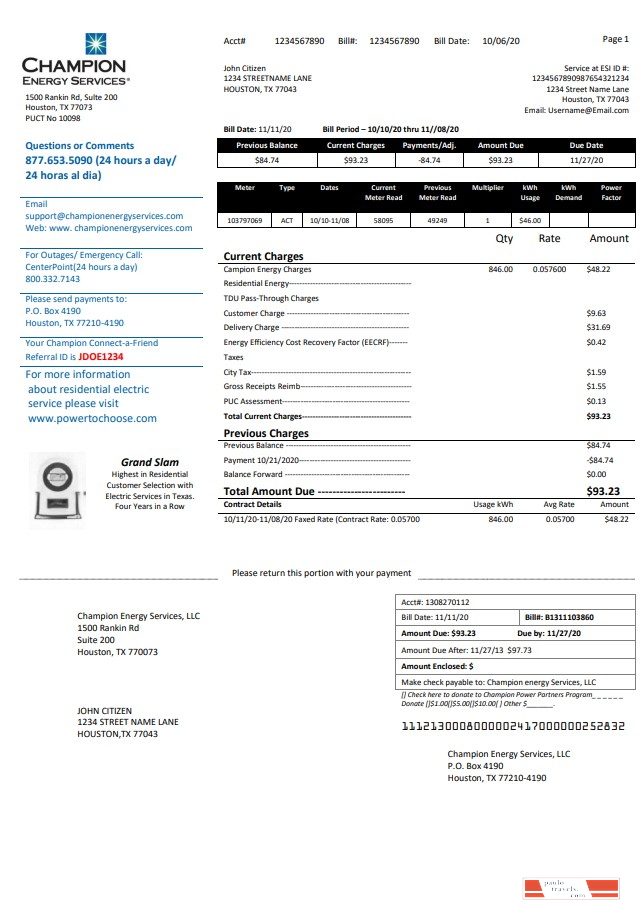 USA Texas Champion Energy Services proof of address utility bill template in Word and PDF format